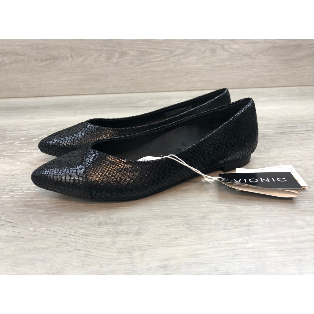 Vionic Black Snake Embossed Pointed Toe Flats Sli… - image 3